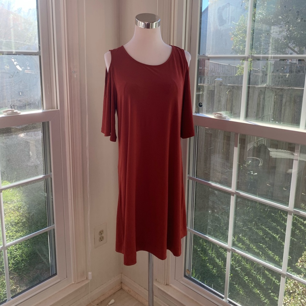 New York & Co. dark orange dress with cut out shoulders